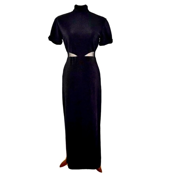 Vintage Black Mesh Cutout Maxi Dress 80s 90s Long Black Tie Gown Womens Medium - Picture 1 of 10